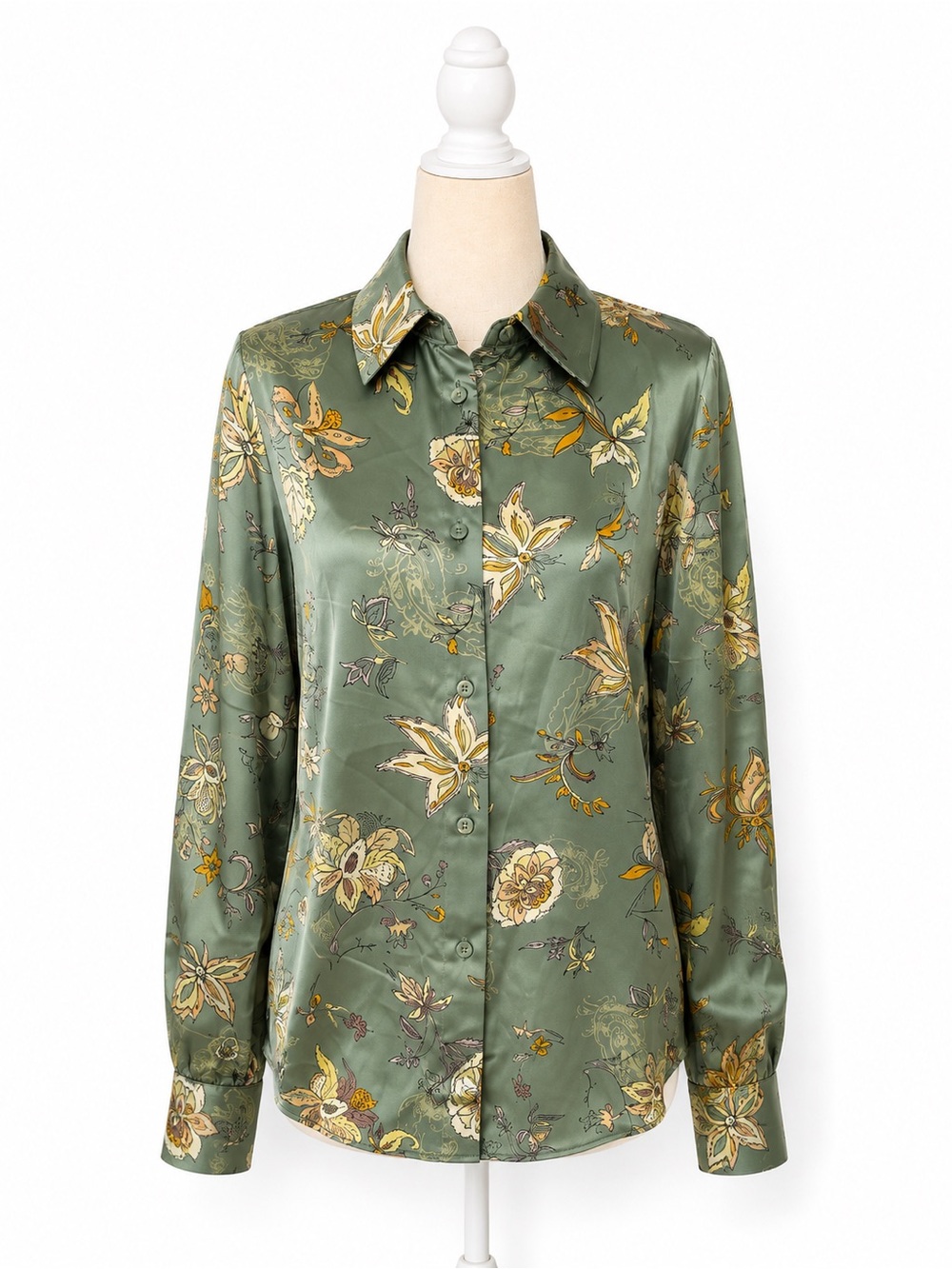 Truth By Republic Floral Satin Blouse Womens XS Green Button Front NWT $68